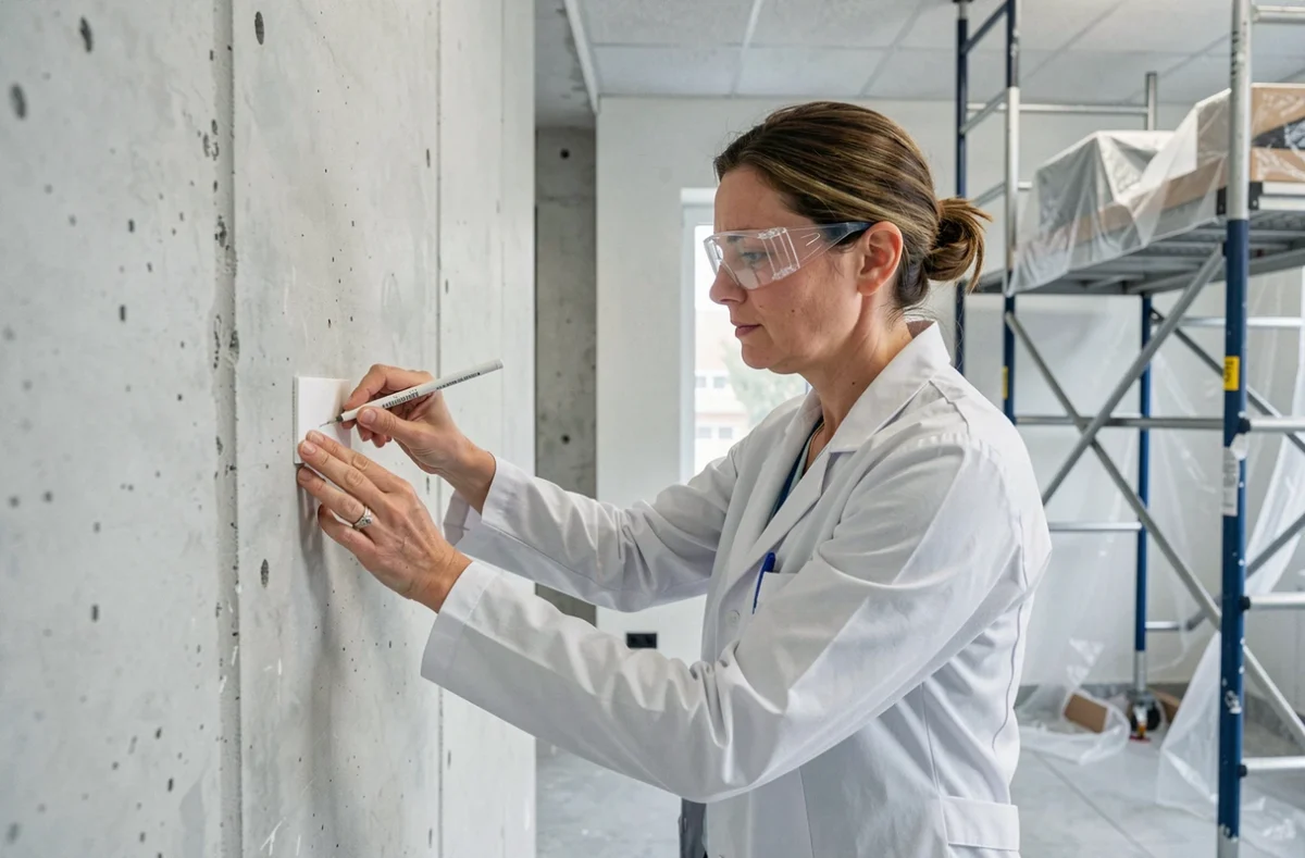 Diagnosticienne d'AC Environnement prélevant un échantillon de matériau dans un immeuble en rénovation à Montpellier