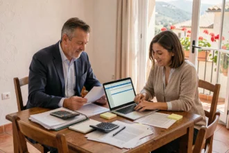 Couple examinant les frais cachés et taxes liés à l'achat d'un appartement à Rosas, Costa Brava, avec documents immobiliers sur une table en bois