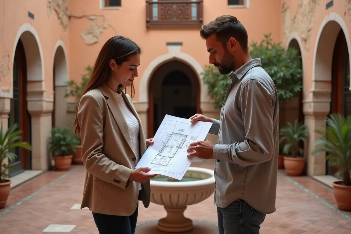 Couple d'acheteurs étrangers consultant le plan cadastral d'un riad en cours de rénovation dans la médina de Marrakech