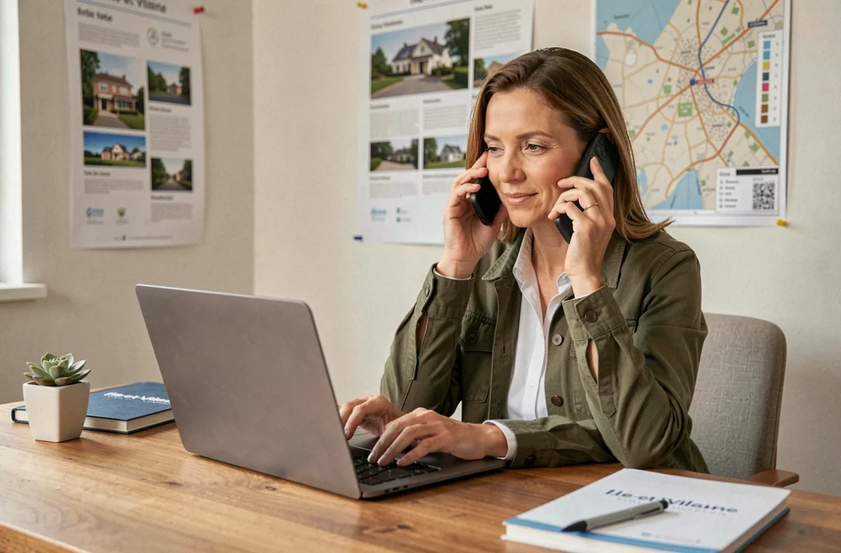 Agent indépendante d'Agences Privées travaillant depuis son bureau sur des annonces immobilières en Ille-et-Vilaine