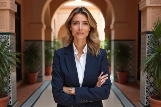 Agent immobilière devant un appartement de style riad à Marrakech avec zellige et arche traditionnelle