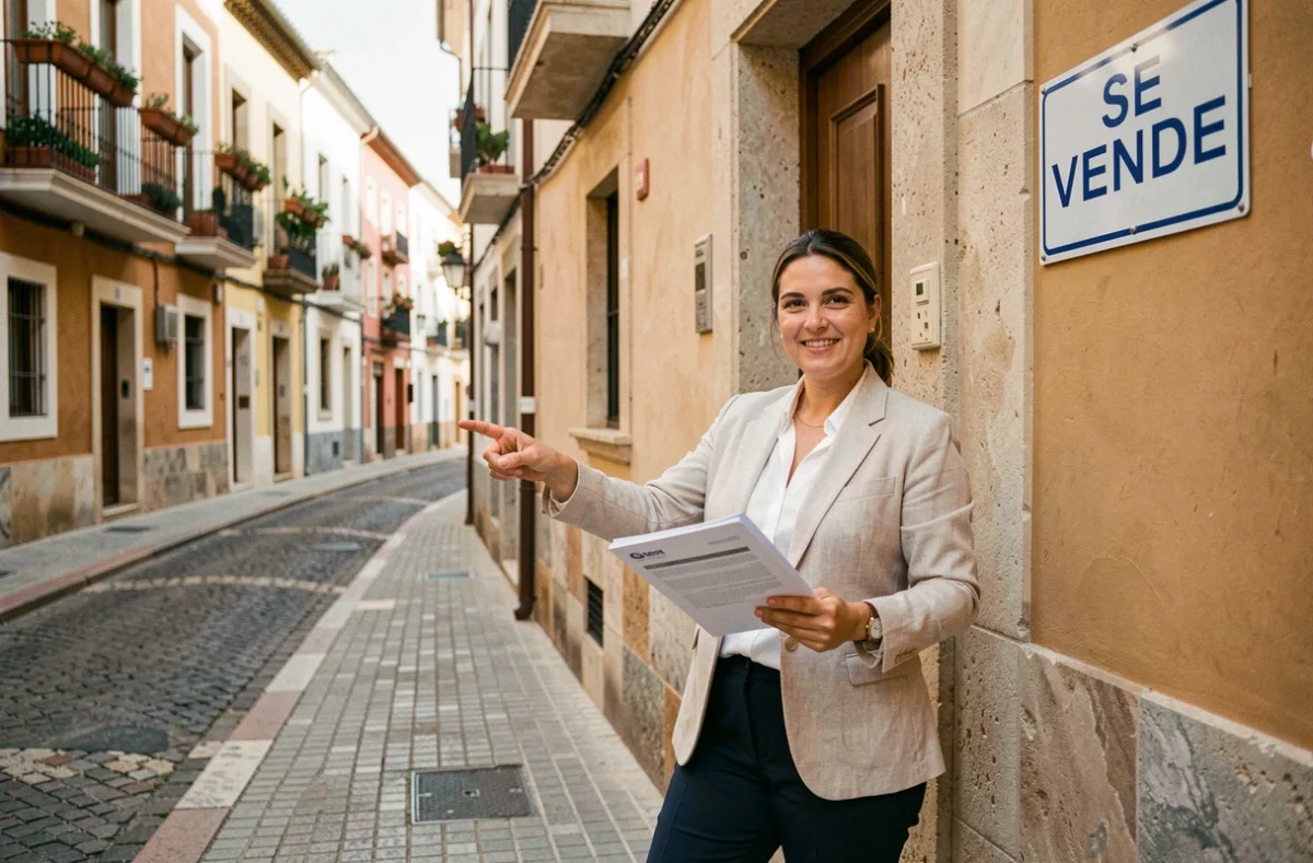 Agent immobilier devant un immeuble à vendre à Rosas en Espagne, présentant les coûts et taxes à anticiper lors d'un achat immobilier