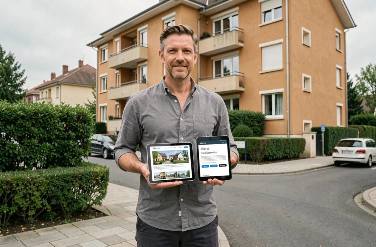 Agent immobilier consultant un comparatif de sites immobiliers devant un immeuble résidentiel en banlieue française