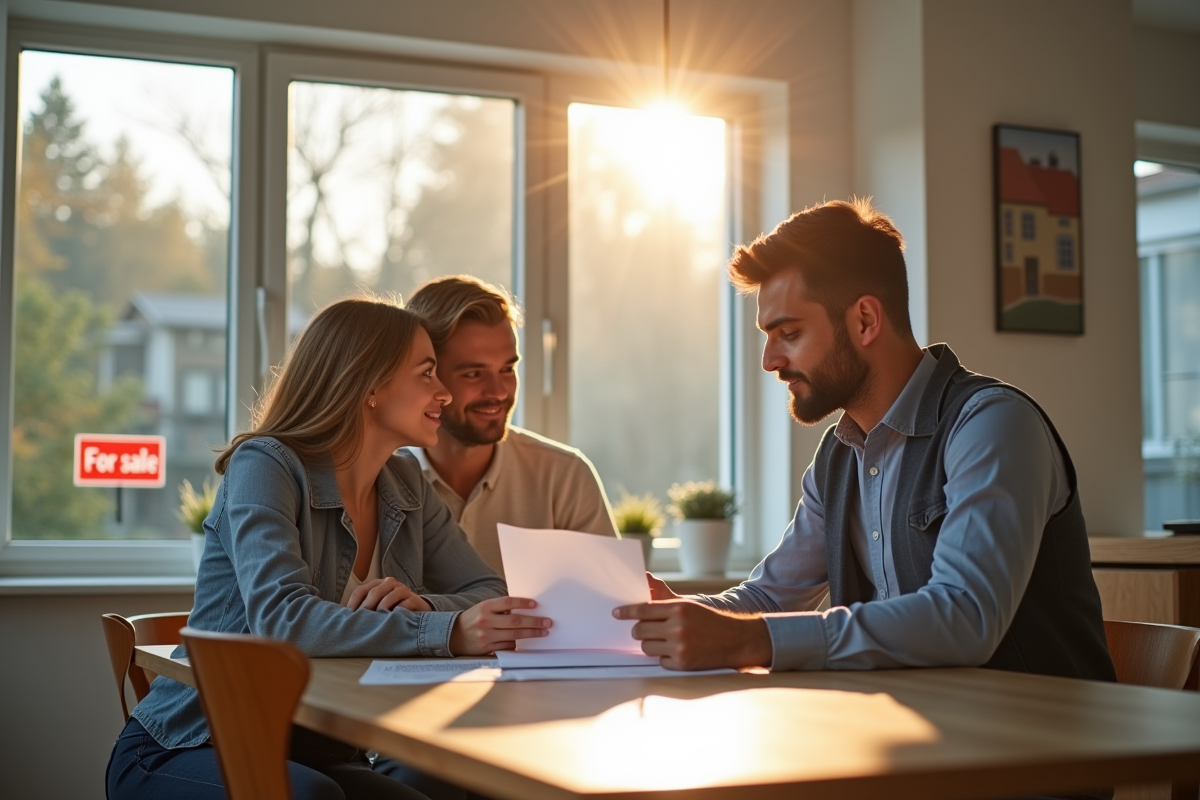 Agent immobilier et couple discutant dans une cuisine lumineuse