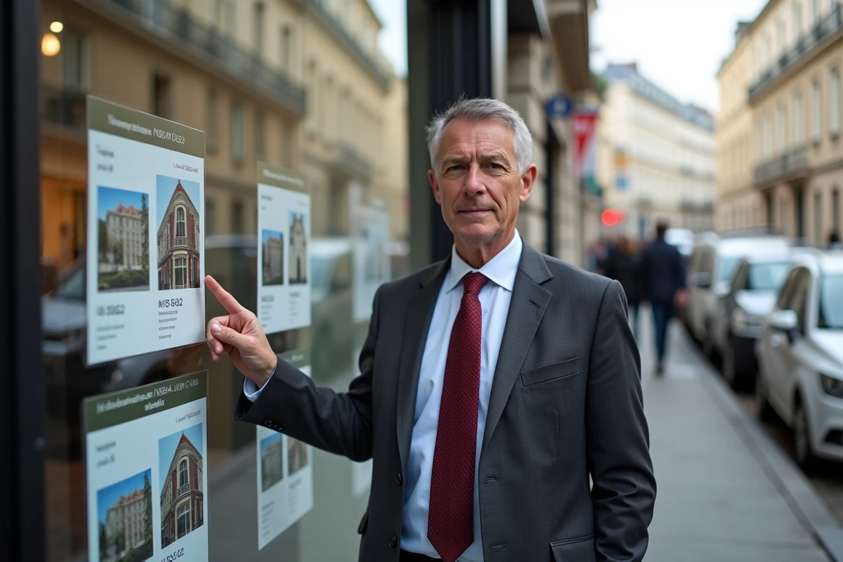 Agent immobilier FNAIM devant la vitrine d'une agence immobilière certifiée en ville