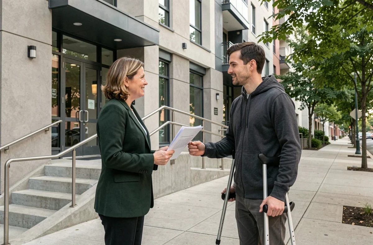Agent immobilier présentant un logement accessible à un locataire en situation de handicap devant un immeuble équipé d'une rampe