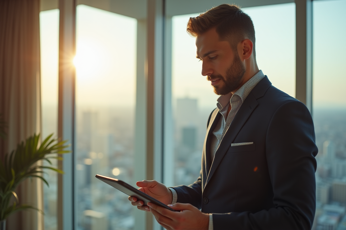 Agent immobilier luxe dans un appartement moderne avec vue urbaine