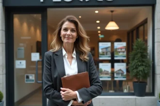 Agent immobilière professionnelle devant la vitrine d'une agence immobilière moderne avec identité visuelle forte