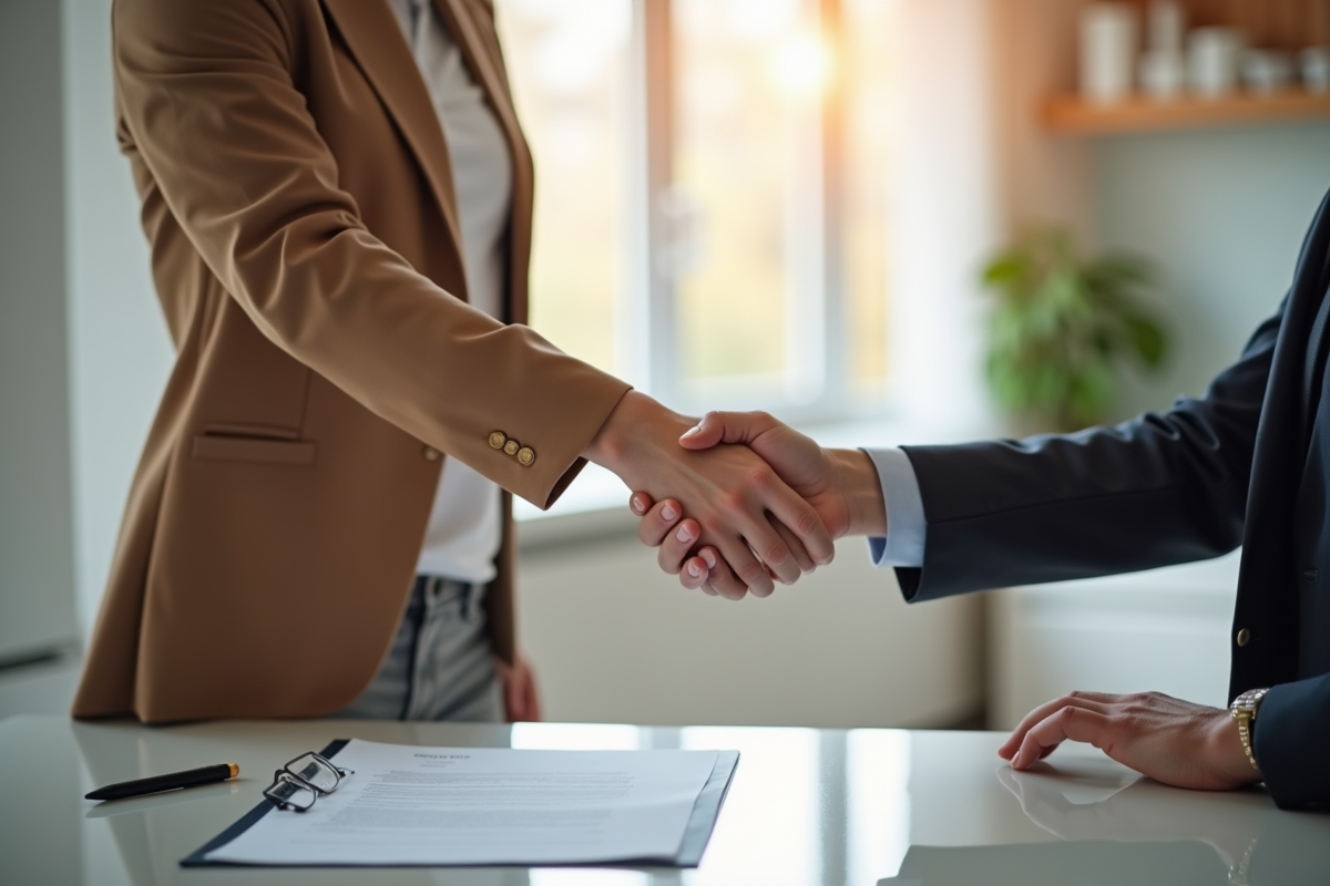 Agent immobilier et client se serrant la main dans un appartement lumineux
