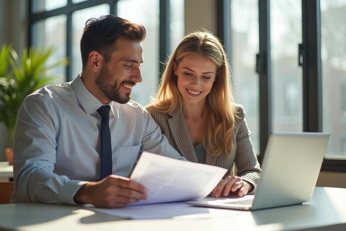 Agent immobilier et couple examinant documents de valuation