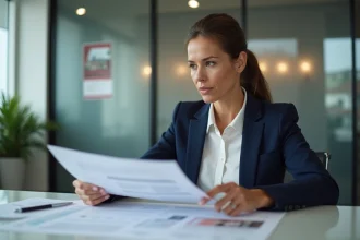 Agent immobilier vérifiant des documents d'estimation immobilière dans une agence professionnelle
