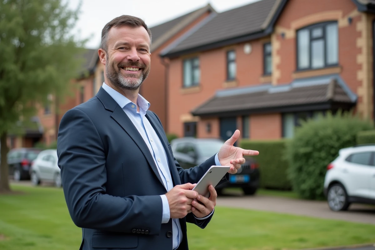 Agent immobilier devant une maison de banlieue avec tablette