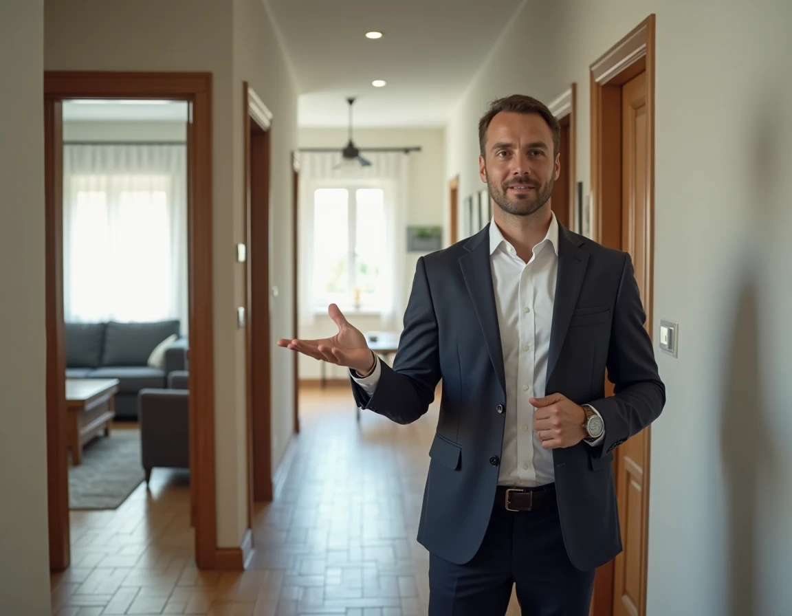 Agent immobilier présentant un appartement T2 meublé à la visite dans le couloir