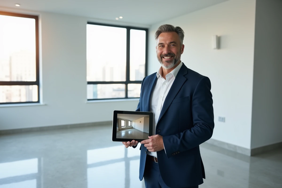 Agent immobilier consultant une visite virtuelle 360 sur tablette dans un appartement vide