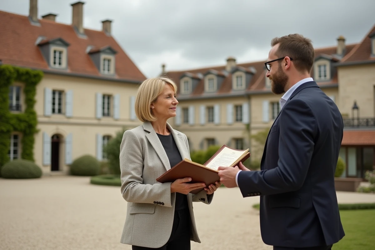 Agent immobilier viticole présentant un dossier de vente de domaine bordelais clé en main devant un château historique