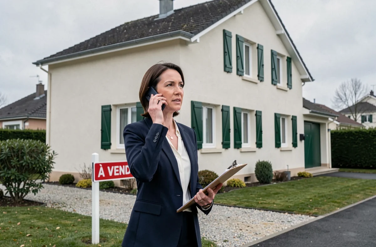 Agent immobilière devant une maison à vendre avec panneau À Vendre, illustrant la vente urgente d'un bien immobilier dans le cadre d'un divorce et d'une situation de surendettement