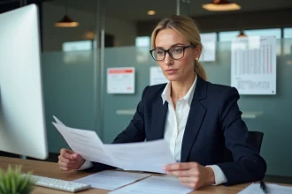 Agente immobilière en agence examinant des documents de versement de loyer au propriétaire