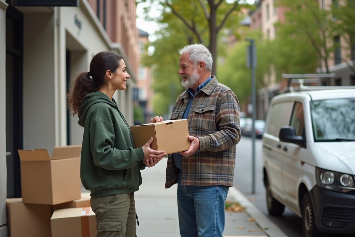 Jeune femme aidant un homme avec des cartons devant un camion de déménagement