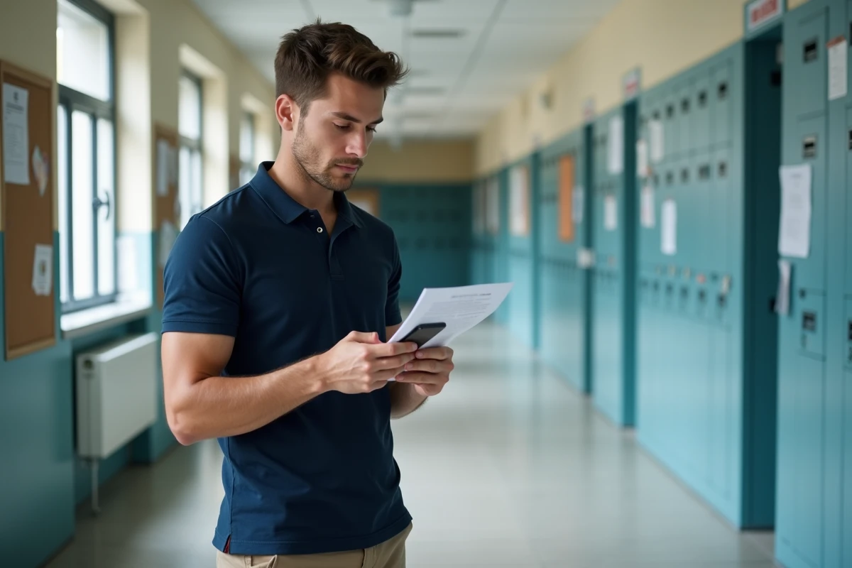 Jeune alternant consultant une plateforme en ligne dans un couloir de centre de formation professionnelle