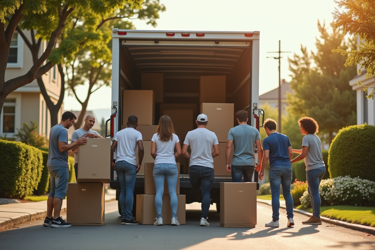 Amis aidant à charger des meubles dans un camion de déménagement ensoleillé