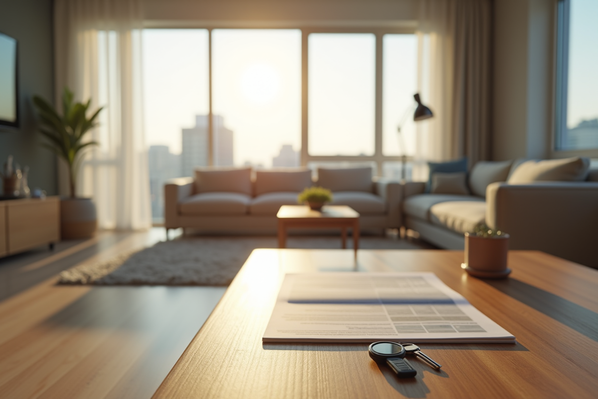 Salon lumineux d un appartement moderne avec clés et contrat
