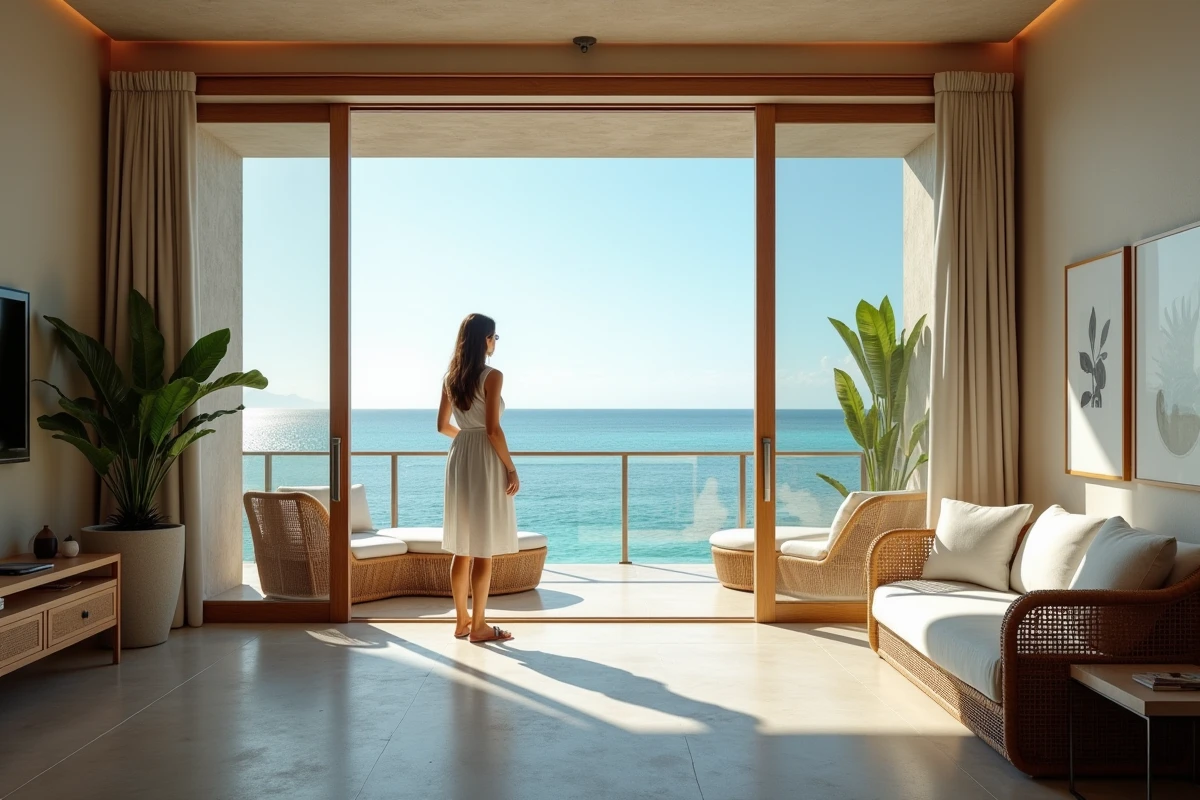 Appartement moderne en résidence balnéaire à l'île Maurice avec balcon vue mer et décoration tropicale contemporaine