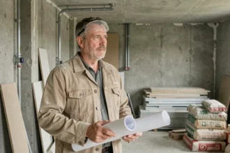 Propriétaire tenant des plans dans un appartement vacant en travaux avec murs en béton brut et matériaux de construction