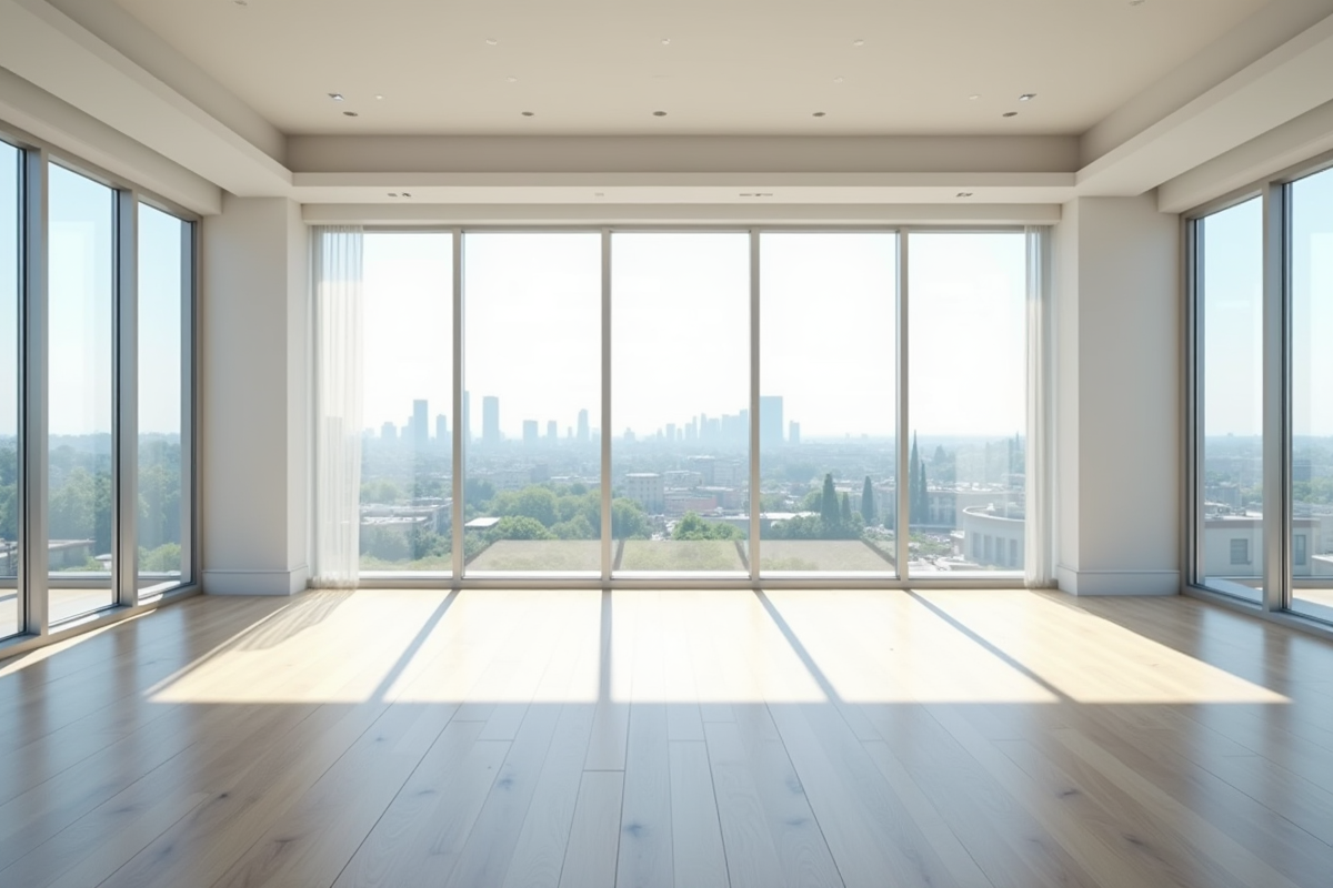 Appartement vide avec grandes fenêtres et lumière naturelle