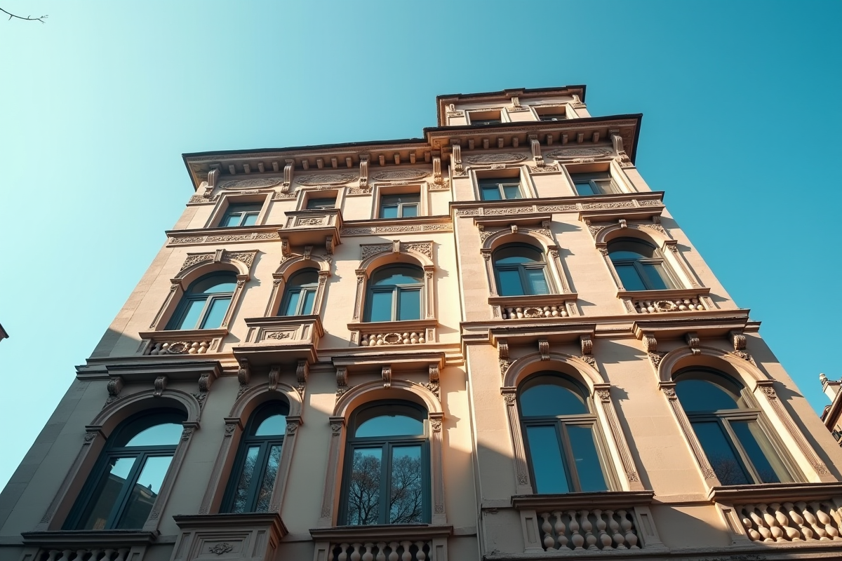 Façade d un immeuble urbain historique avec grandes fenêtres