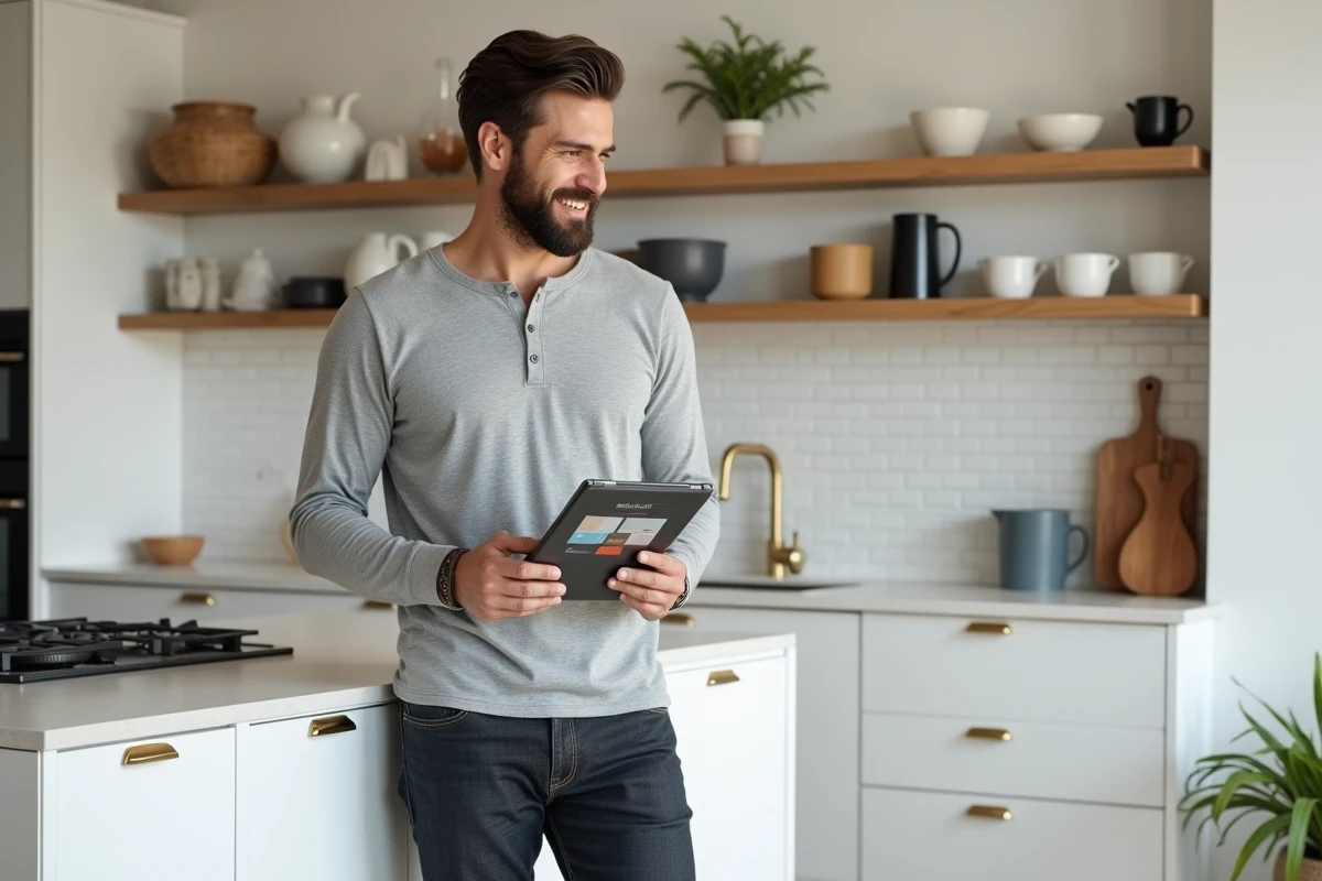 Homme consultant une application de design d'intérieur sur tablette dans une cuisine contemporaine ouverte
