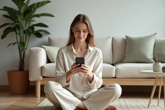 Femme utilisant une application mobile de décoration intérieure dans un salon minimaliste au style scandinave