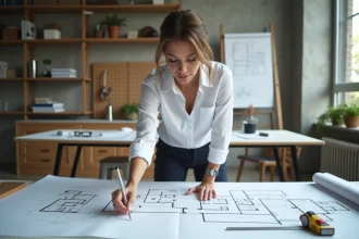 Architecte féminine étudiant des plans de chambres avec une règle et un mètre ruban sur une table à dessin dans un studio moderne
