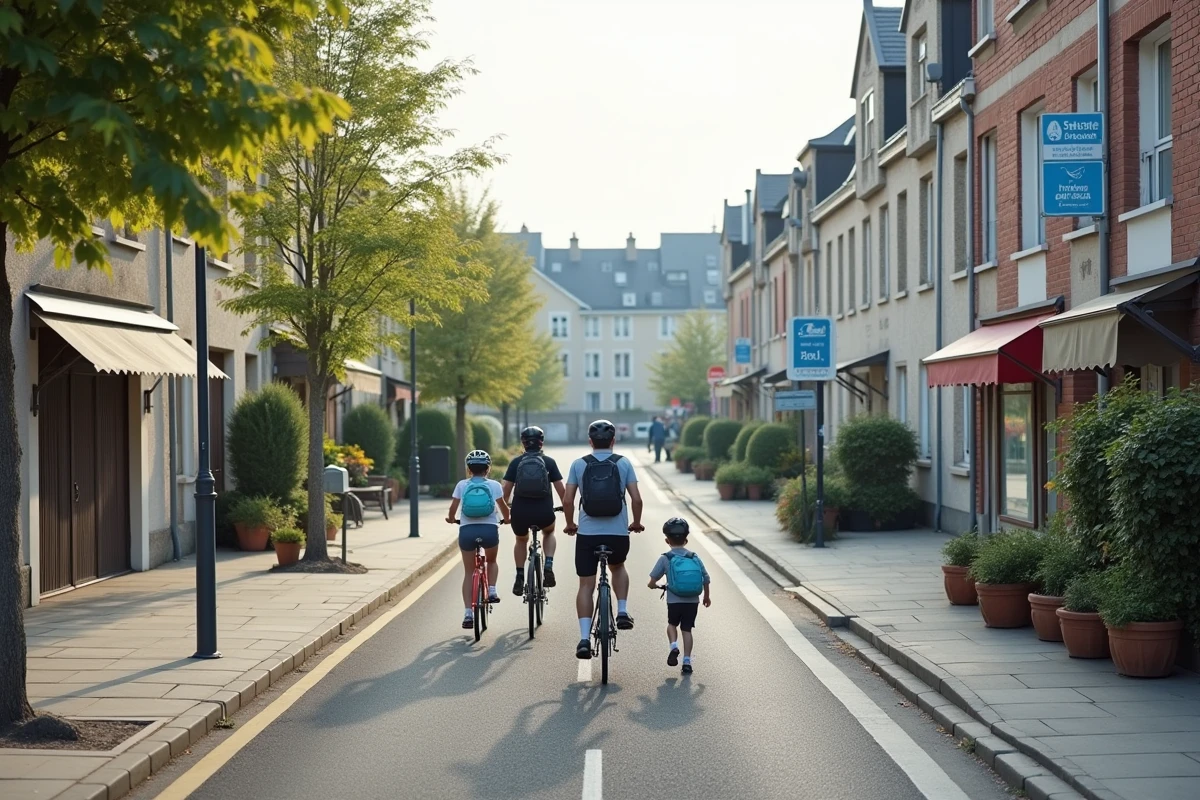 Avenue résidentielle d'Île-de-France avec une famille à vélo se dirigeant vers l'école, illustrant une vie de famille sereine