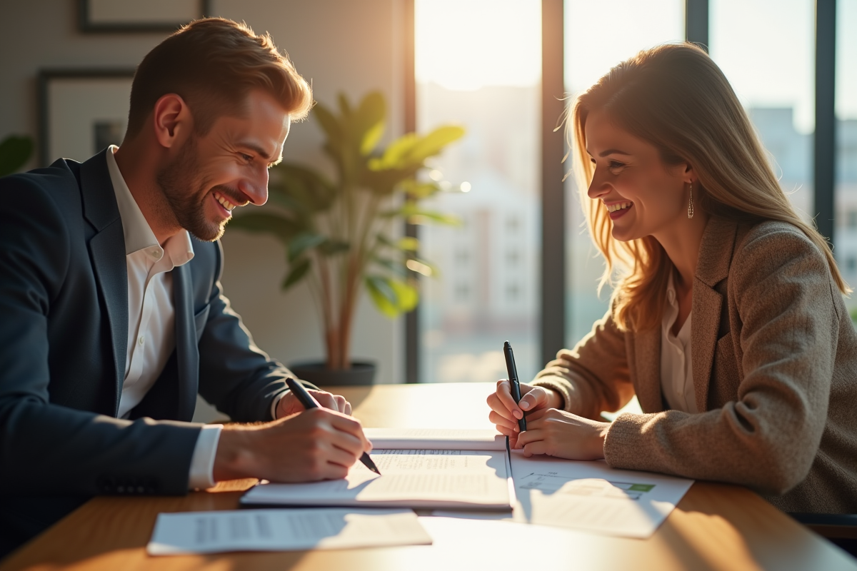 Avocat et couple souriant examinant documents immobiliers