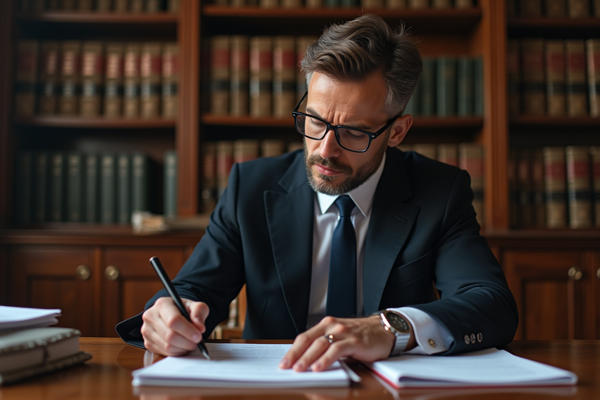 Avocat français en costume dans son bureau moderne