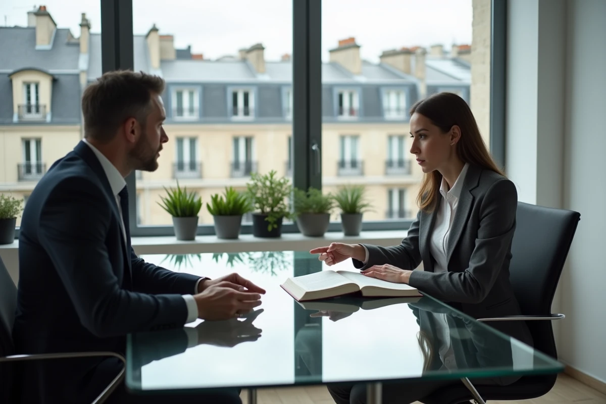 Avocate montrant un article du code civil sur la garantie d'éviction à son client dans un cabinet juridique parisien moderne avec vue sur les toits haussmanniens