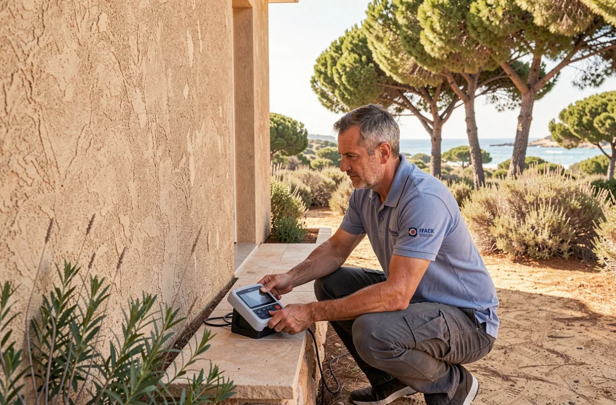 Diagnostiqueur Bagnis inspectant les fondations d'une villa à Agde avec un appareil de mesure de performance énergétique