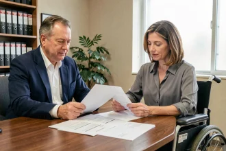 Propriétaire bailleur et locataire en fauteuil roulant signant un contrat de location dans un bureau immobilier