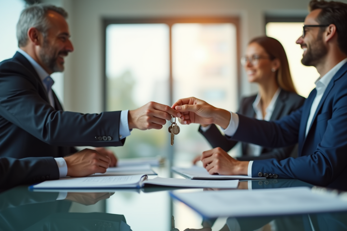 Conseiller remettant des clés de maison à des clients dans une banque moderne