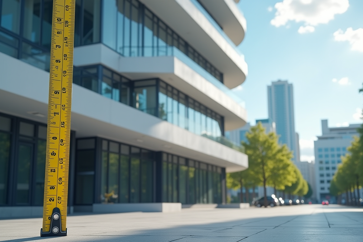 Bâtiment public moderne vu de rue avec règle de mesure en façade