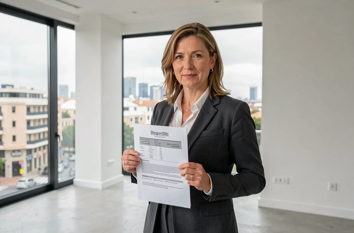 Conseillère de BR Conseils présentant un rapport de diagnostic dans un appartement moderne de Montpellier