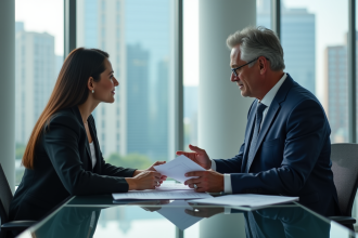 Banque et discussion en bureau moderne avec un broker et une cliente