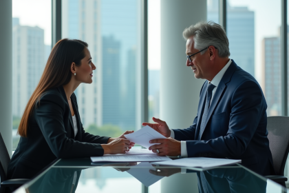 Banque et discussion en bureau moderne avec un broker et une cliente