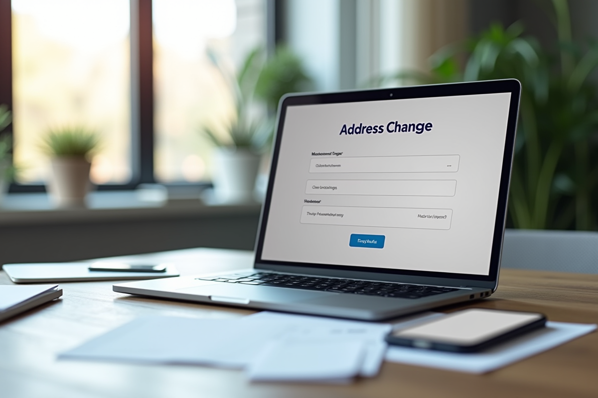 Espace de travail moderne avec ordinateur et formulaire de changement d adresse