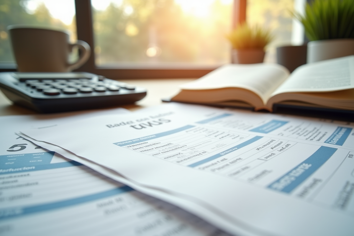 Bureau moderne avec papiers fiscaux et livre de droit français