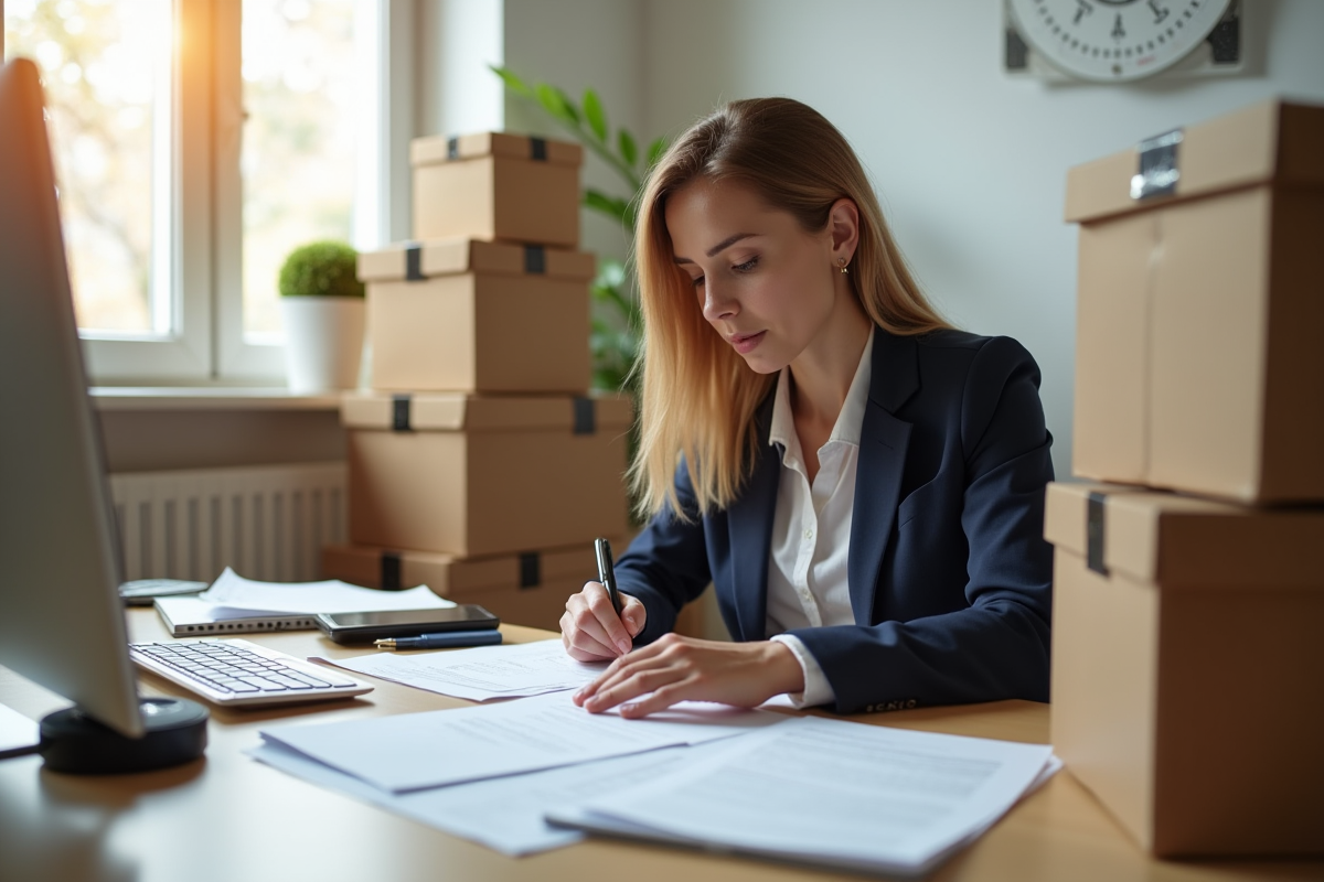 Employe de bureau remplissant papiers de move
