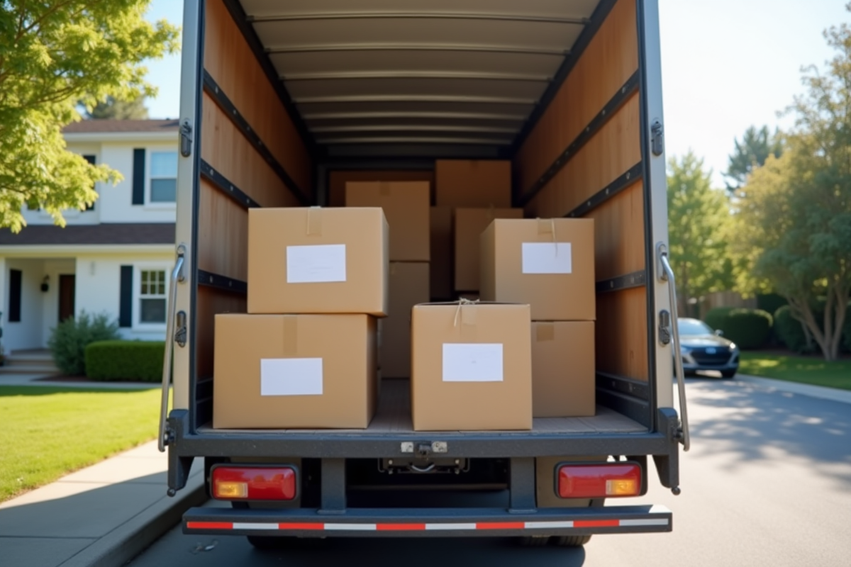 Caisses de déménagement étiquetées dans un camion organisé