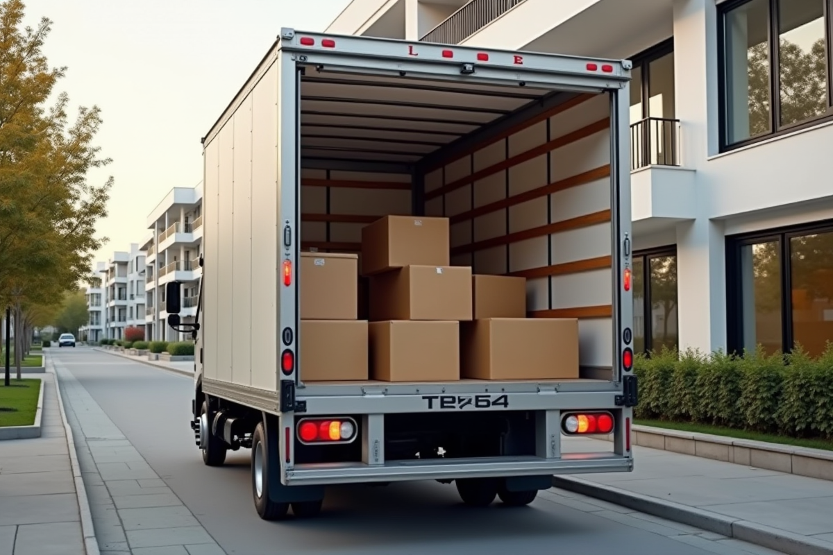 Camion de déménagement spacieux devant une maison moderne