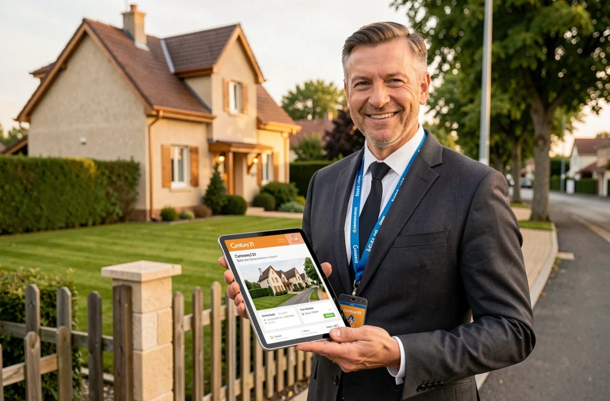 Agent Century 21 devant une maison pavillonnaire vendue dans la banlieue de Rennes en Ille-et-Vilaine