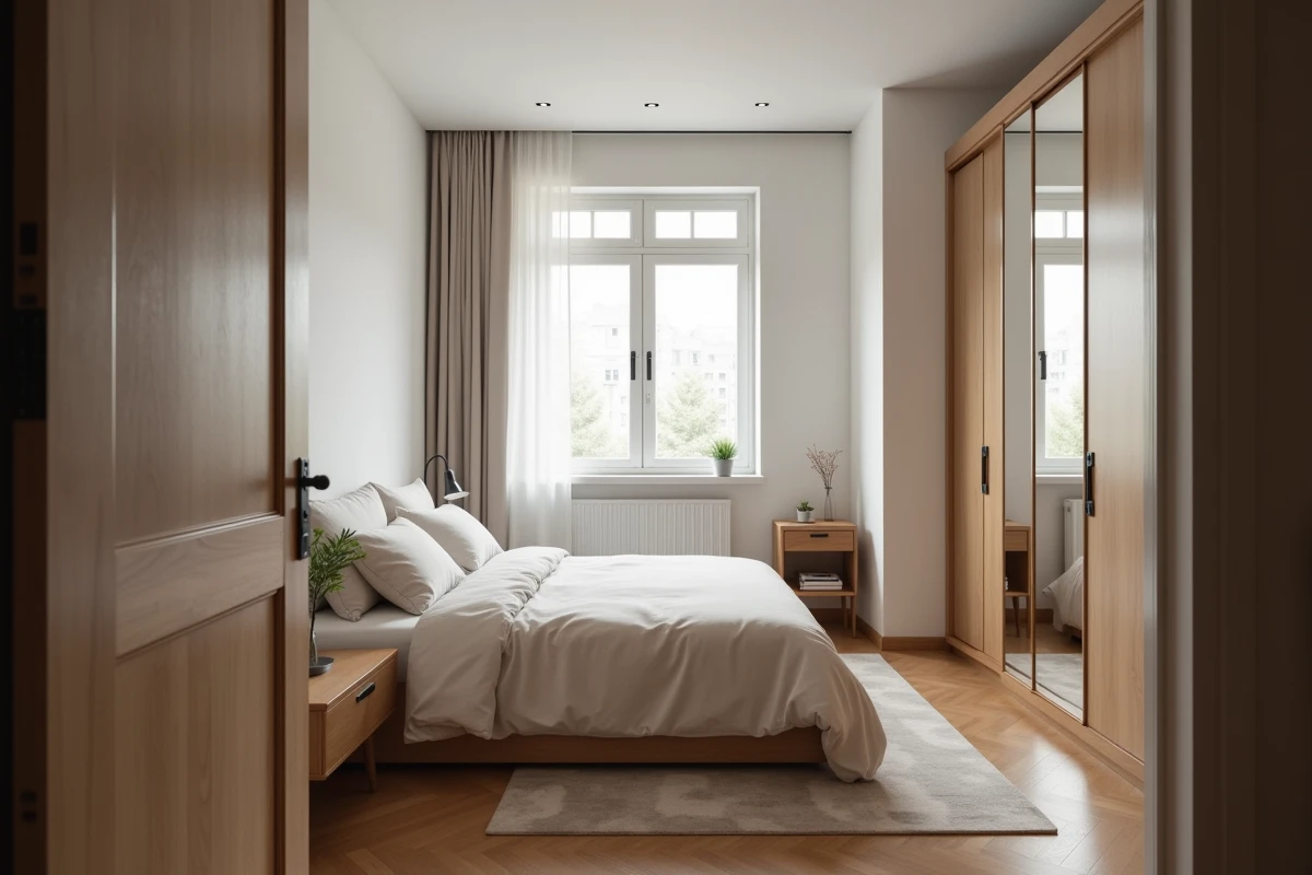 Chambre meublée d'un appartement T2 en location avec lit double, parquet et fenêtre sur cour